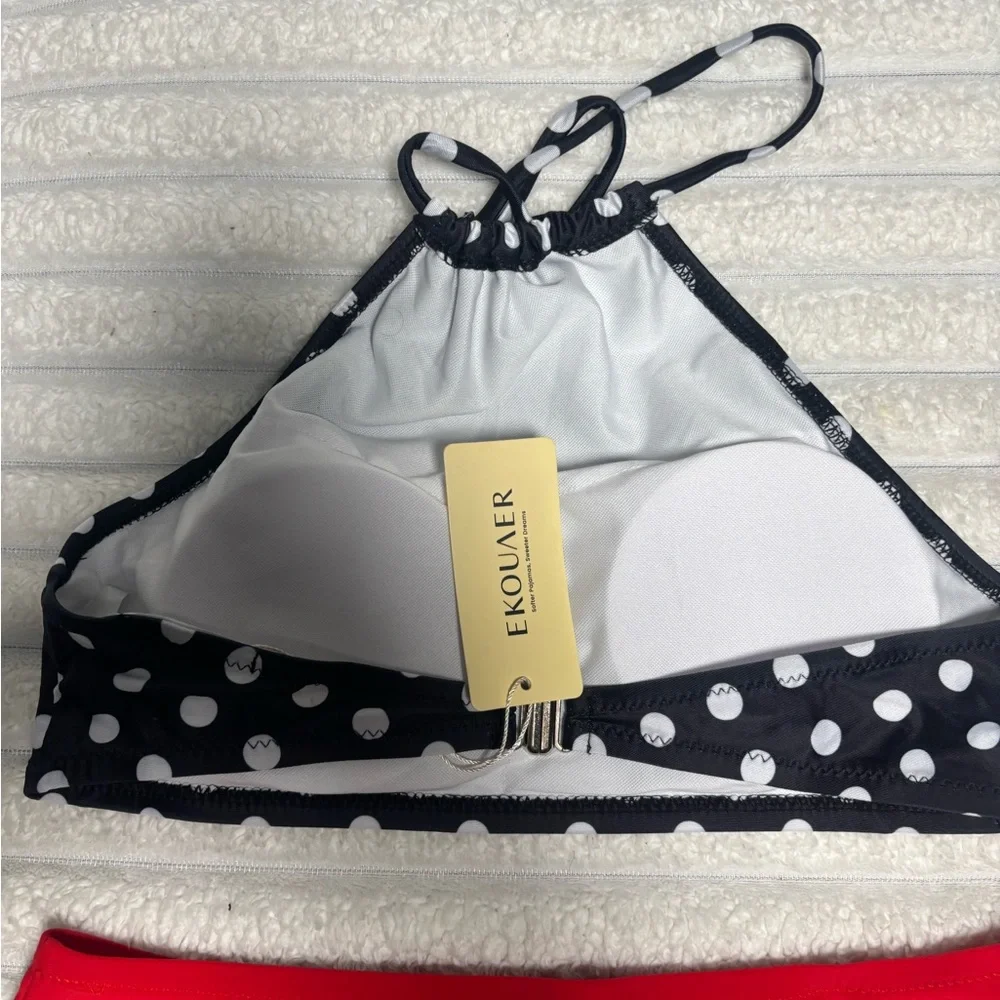 Stylish Polka Dot Bikini Top with Vibrant Red Bottoms